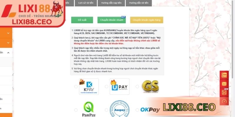 Nạp Rút Tiền Lixi88 2 Thao tác nạp tiền qua ngân hàng